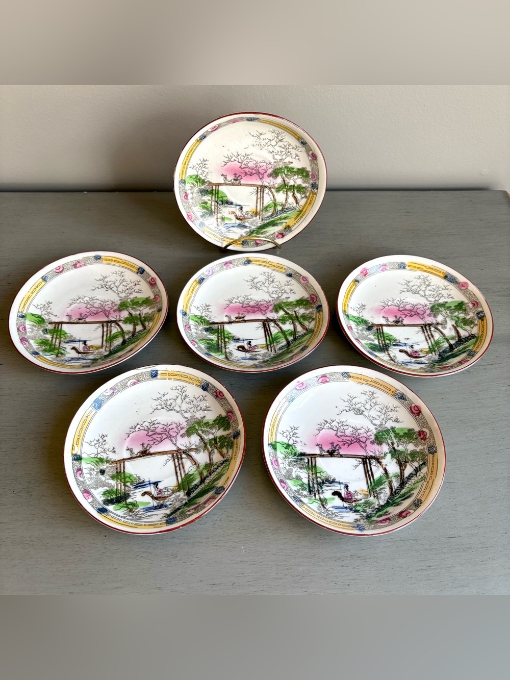 VTG 6 Hand-Painted Japanese Porcelain Saucers Plates Landscape Cherry Blossom